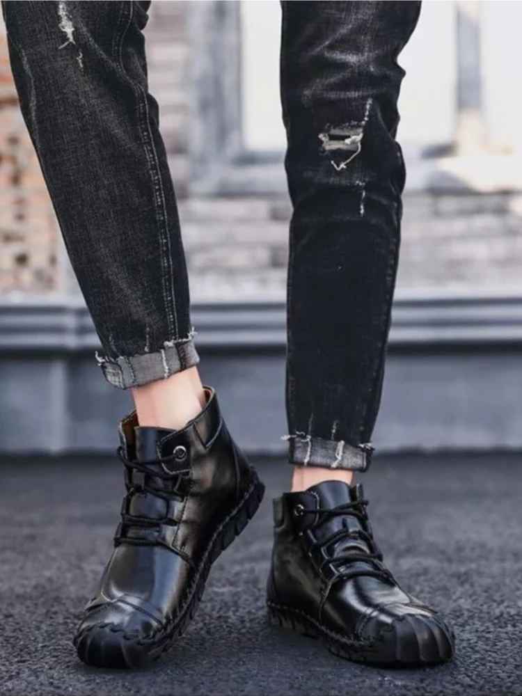 Men's Boots Genuine Leather High Top Lace Up Round Toe Winter Warm Fleece Lined Casual Fashion Shoes