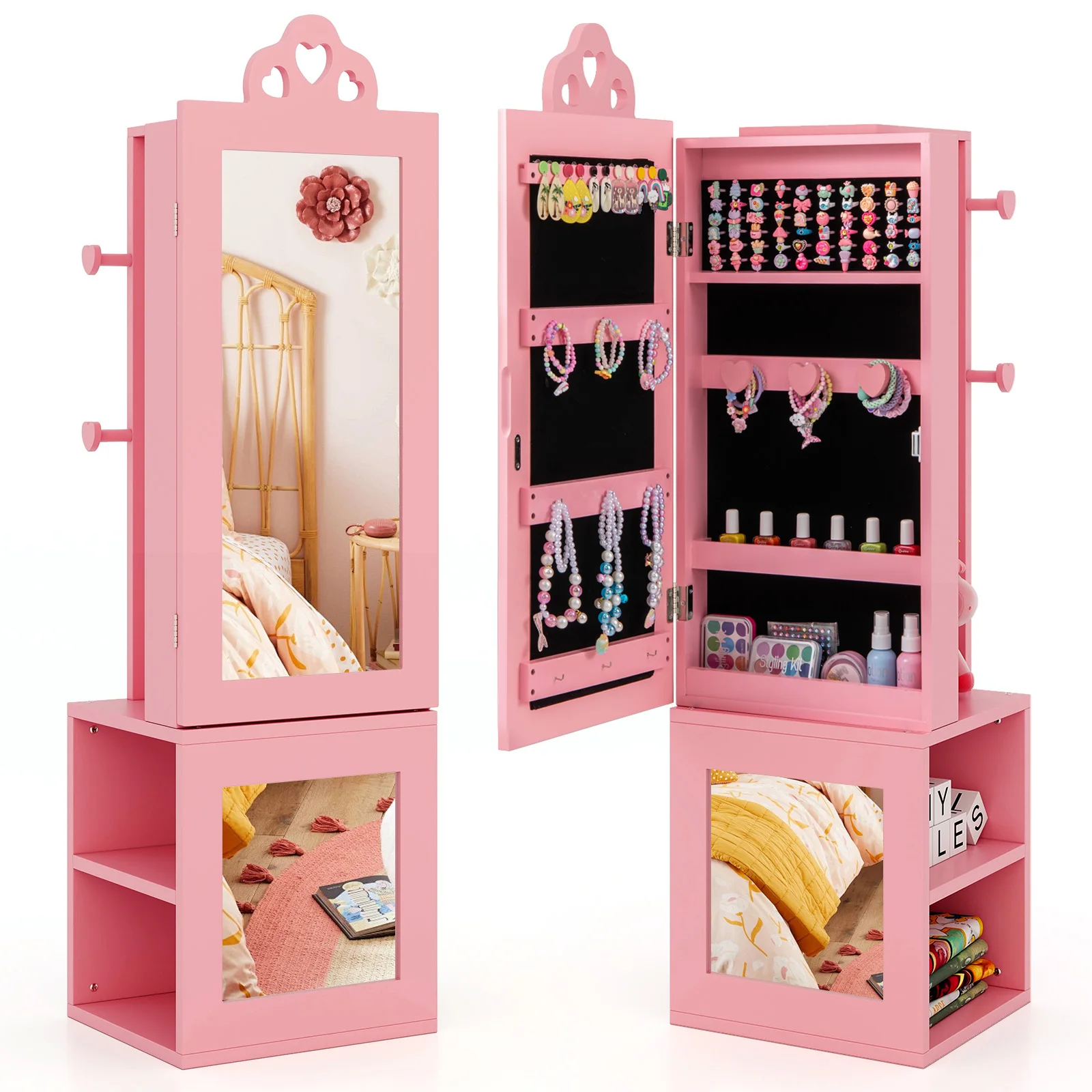 

Kids Jewelry Cabinet Standing Children Jewelry Organizer with Full-Length Mirror