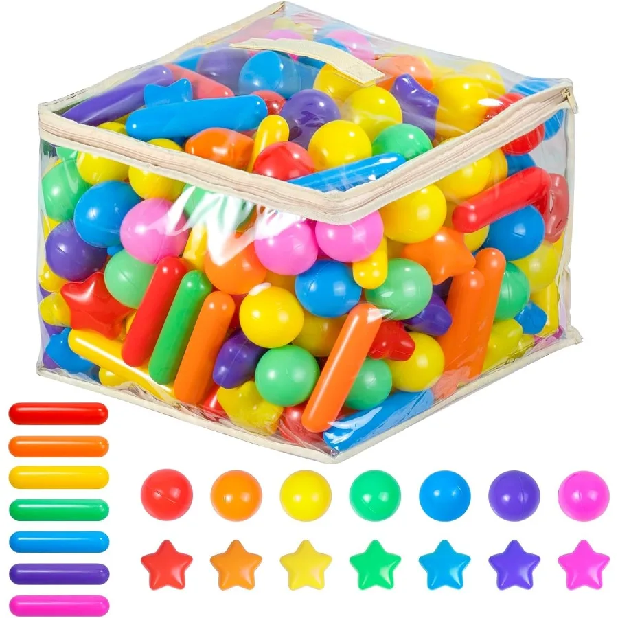 100 szt. Kul do basenu dla dzieci, zabawki do basenu, grube, miękkie plastikowe kulki do basenu dla maluchów, 3 kształty, kulki, gwiazda, patyk
