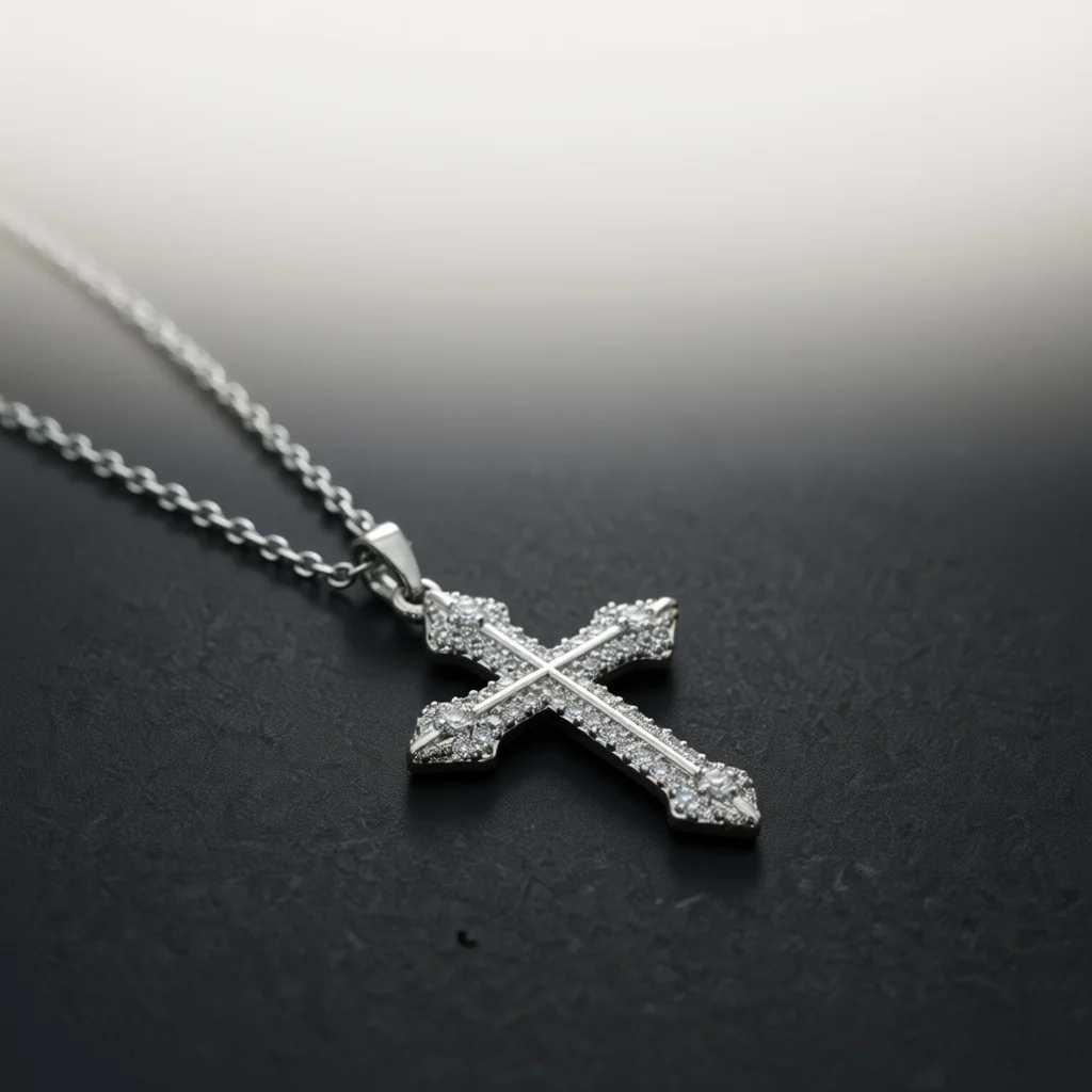 Glam Silver Tone Copper Pendant Necklace, Full Paved Zircon Geometric Cross Decor Jewelry for Dinner Party & Special  Selection