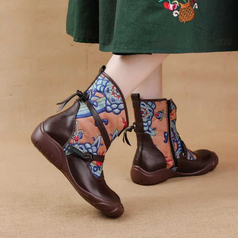 Xiuteng 2023 Ethnic Style Printed Retro Genuine Leather Shoes Women\'s Boots For Warmth And Comfort Cotton Ankle Shoes