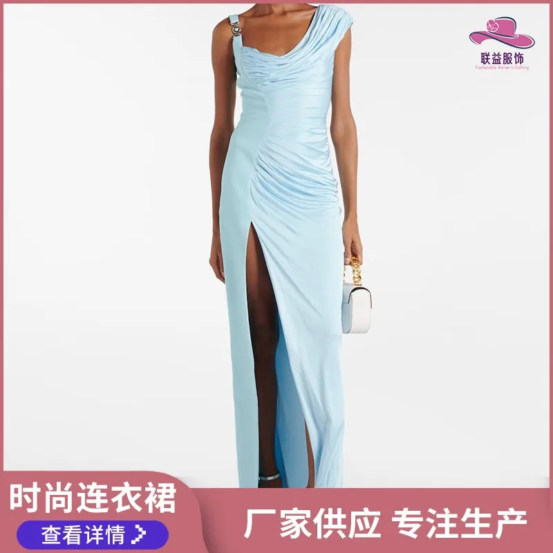 Prom Dress Women Party Long Satin Slit Dresses Luxury Gala Evening Dress Maxi One Shoulder Light Blue Dress Backless
