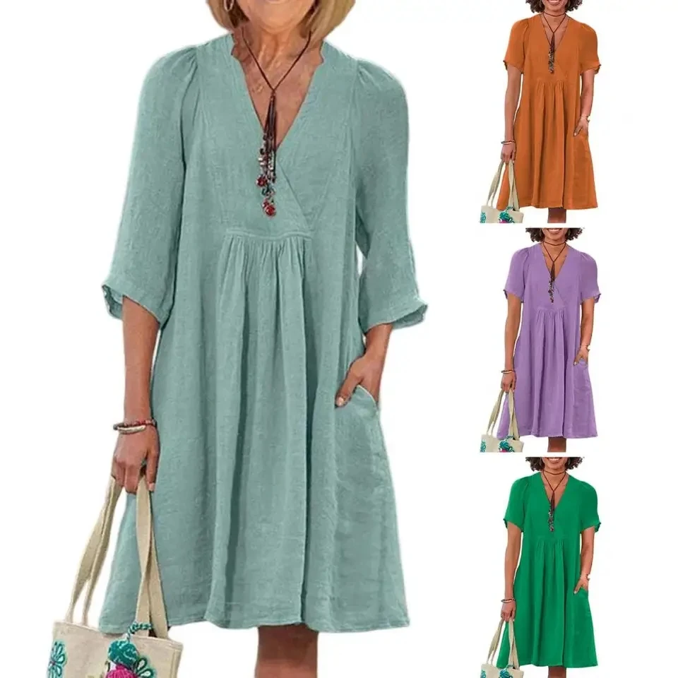 

2026 Spring And Autunm Dresses Vintage Long Sleeve Robe Long Loose Women Dress Casual Cotton Linen Dress With Pockets