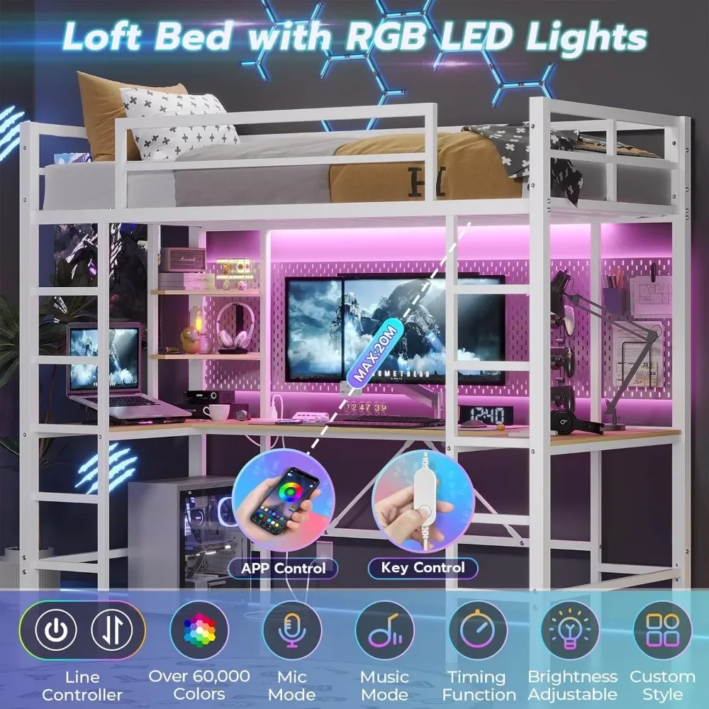 Twin Loft Bed with U Shaped Desk and Led Lights Metal Loft Bed Twin Size LED Frame with Charging Station and Storage Shelve