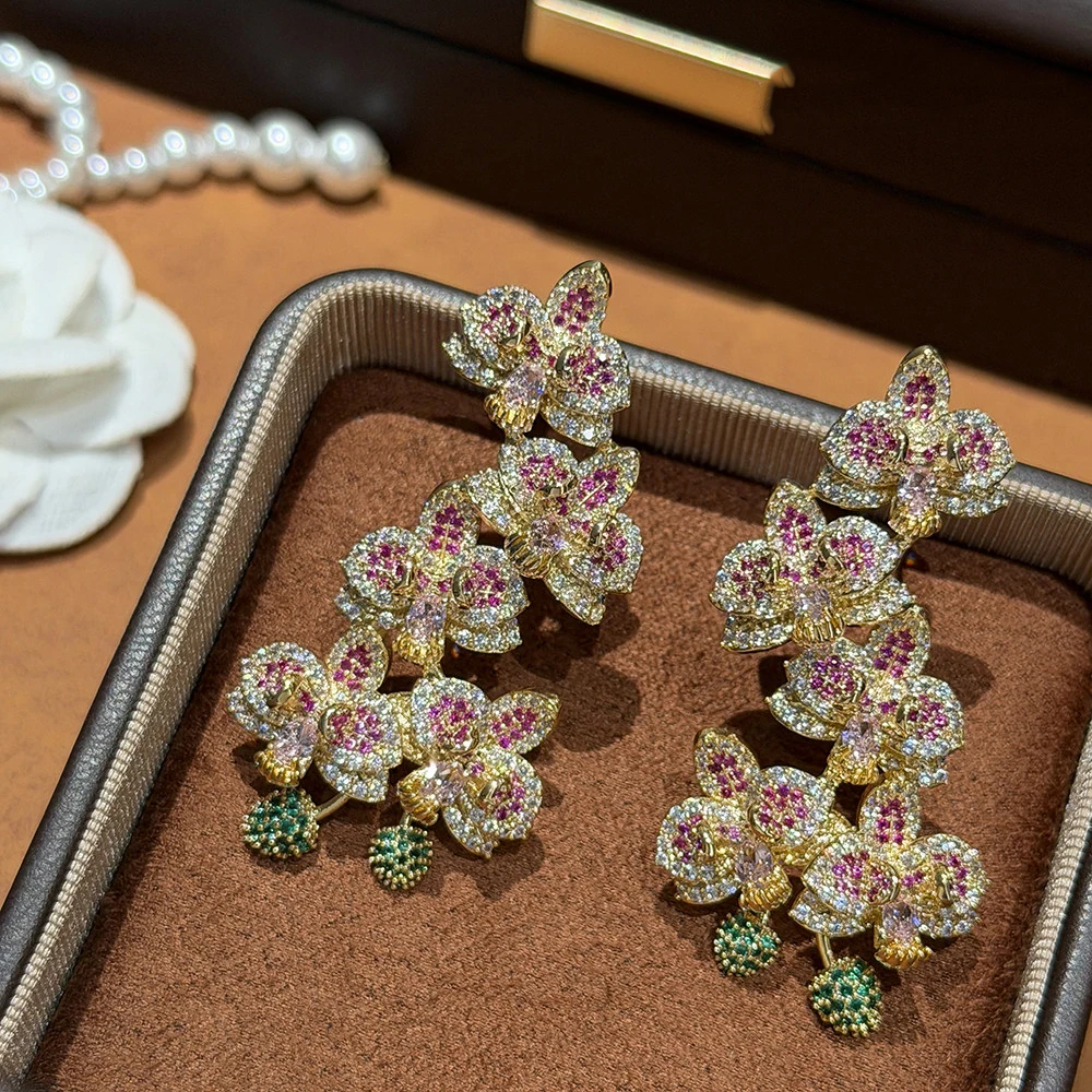 Garden colorful flower earrings for women vacation zircon exaggerated formal dress banquet jewelry
