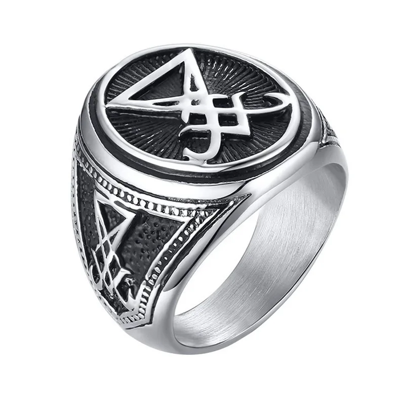 Lucifer Morningstar Ring Vintage Gothic Satanic Signet Cosplay Props Punk Stainless Steel Seal Rings Halloween Man Fashio Gift