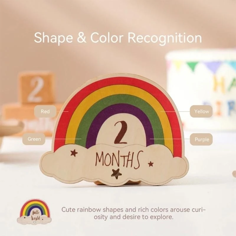 J15U بطاقات شهرية خشبية جميلة بألوان قوس قزح بطاقات شهرية لحديثي الولادة مجموعة تصوير لحديثي الولادة بطاقات تصوير للأطفال