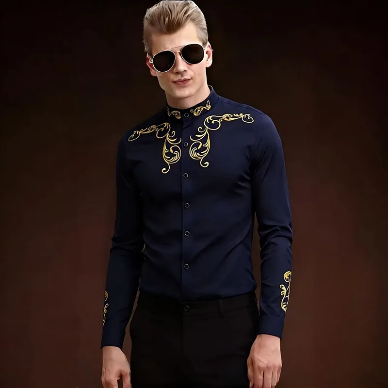 

Мужская рубашка темно-синего цвета с золотой вышивкой в западном стиле, на пуговицах, для вечеринок