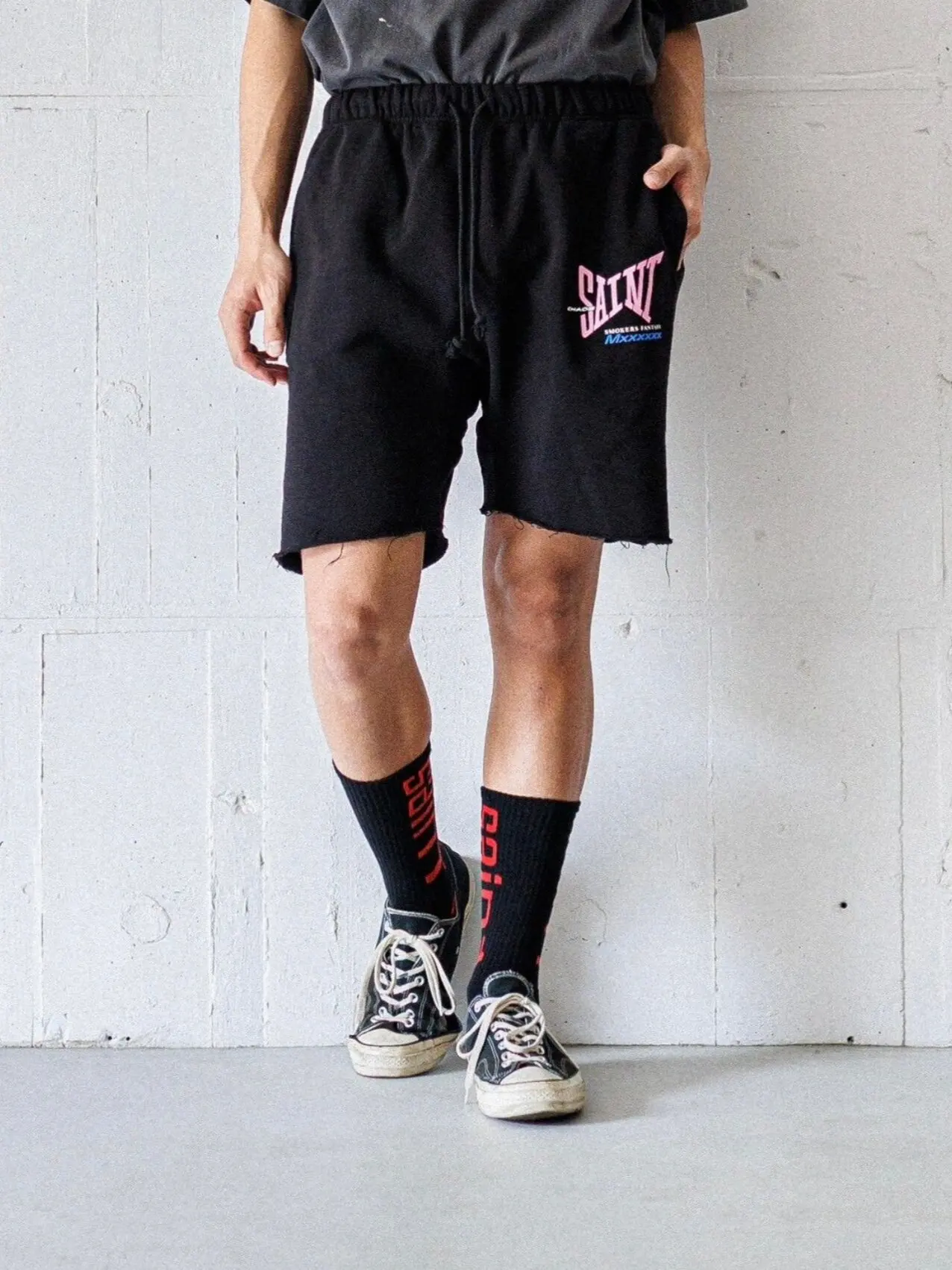 New SAINT Sweat Shorts Men Women Best High Quality Oversized Jogger Drawstring Shorts Cotton Letters Print Black