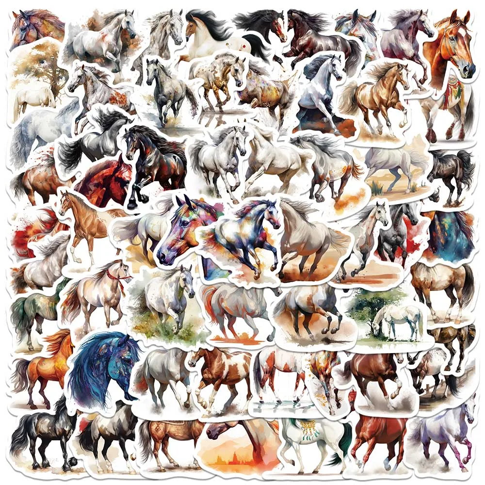 60pcs Aesthetic Cartoon Watercolor Animals Horses Stickers For Laptop Water Bottle Luggage Notebook Waterproof Graffiti Decals