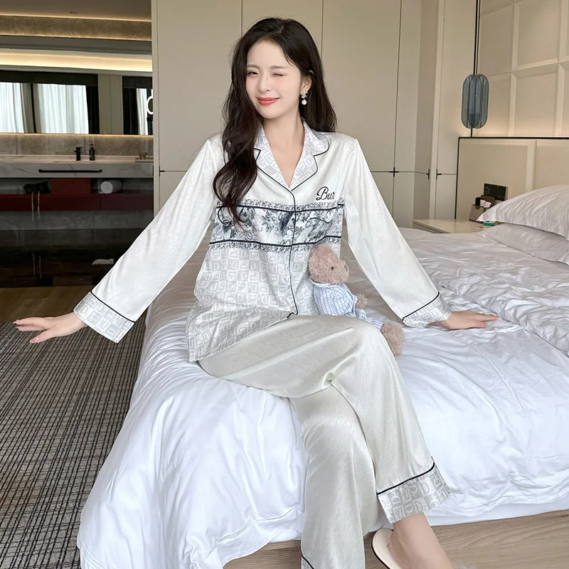 2024 Ice Silk Pajamas Sleepwear Women New Long Sleeved Pants Set Luxury V-neck Nightgown 2piece High Quality Soft Skin Friendly