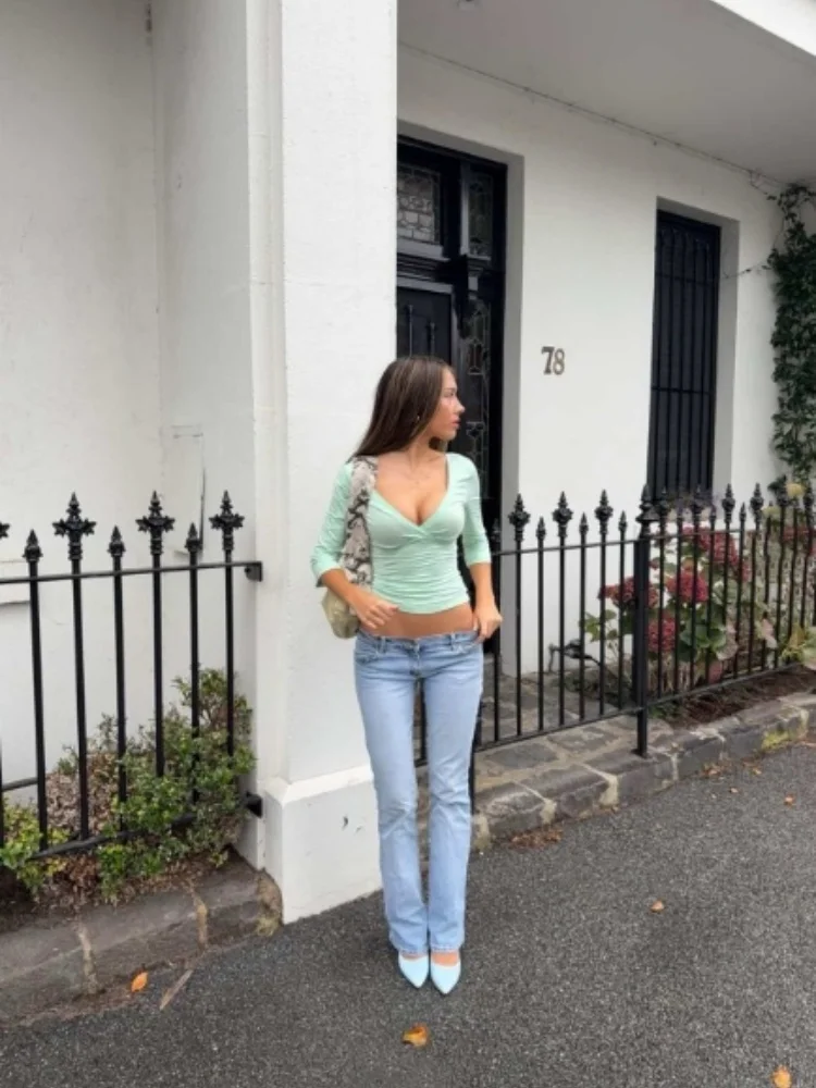 

Women's Y2k Mint Green Deep V Neck 3/4 Sleeve Crop Top Sexy Wrap Cross Slim Fit Ruched T-shirt 2026 Summer Streetwear Basic Tee