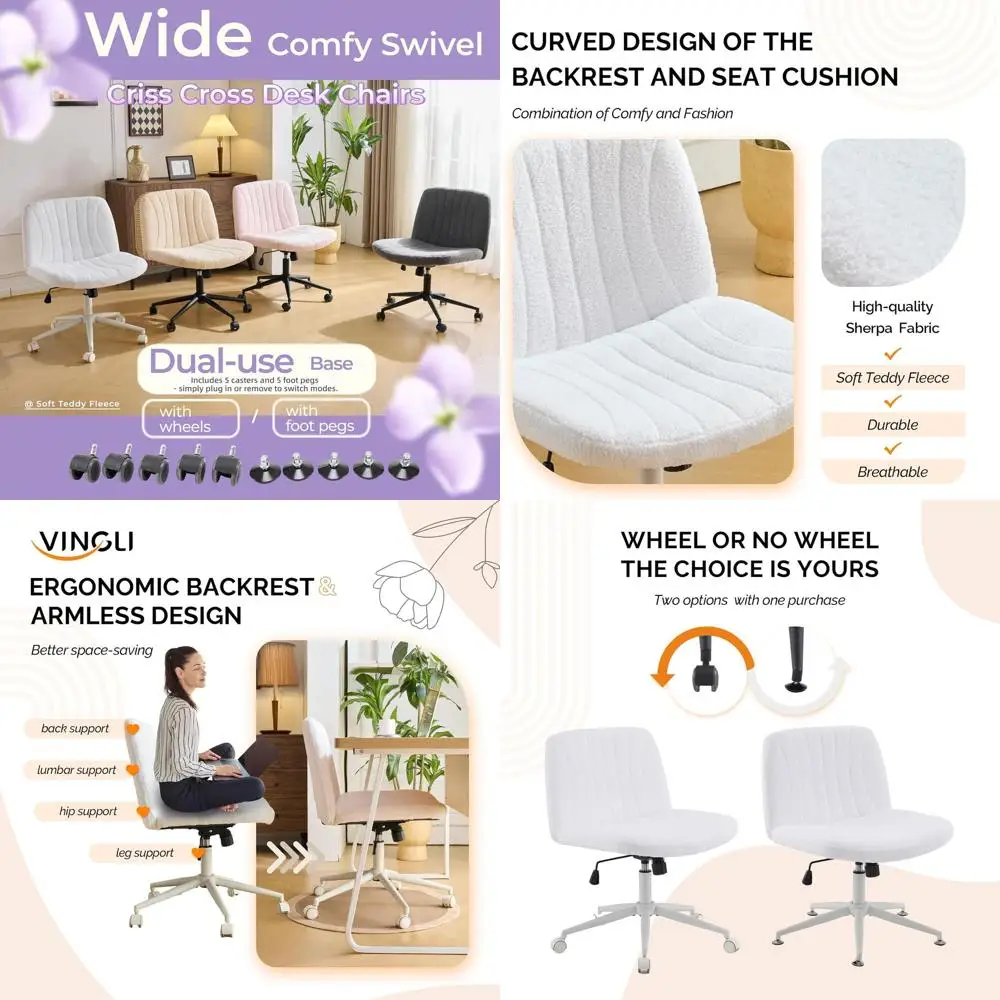 

Adjustable Swivel Office Chair with Armrests, Comfortable for Home and Work, White Teddy Fleece Material