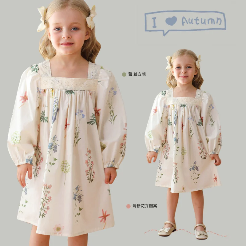 

South Korea Children's Clothing Mori Style Printed Lace Square Collar Girls Dress2024Autumn Bubble Long Sleeve Children's Prince