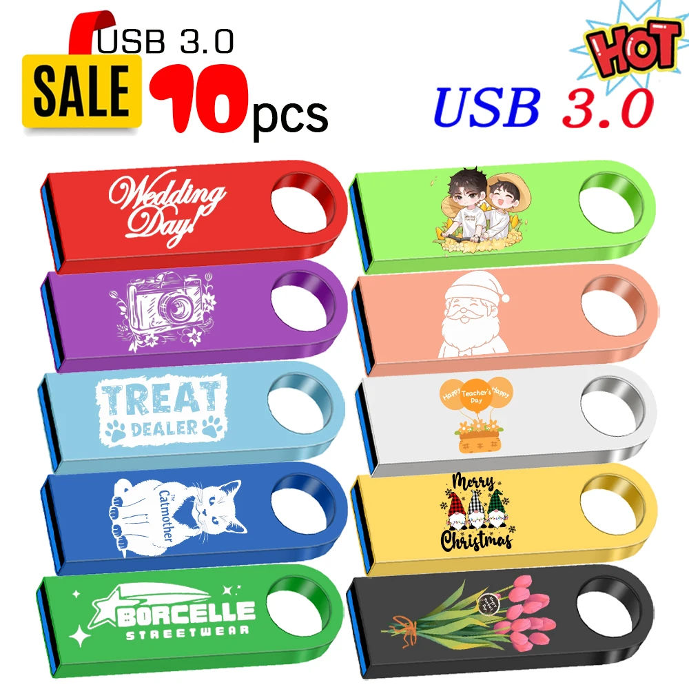 10PCS/LOT Free Custom LOGO USB Flash Drive 3.0 High Speed Pen Drive 16GB 32GB 64GB 128GB Pendrive Metal Usb Sticks with Key