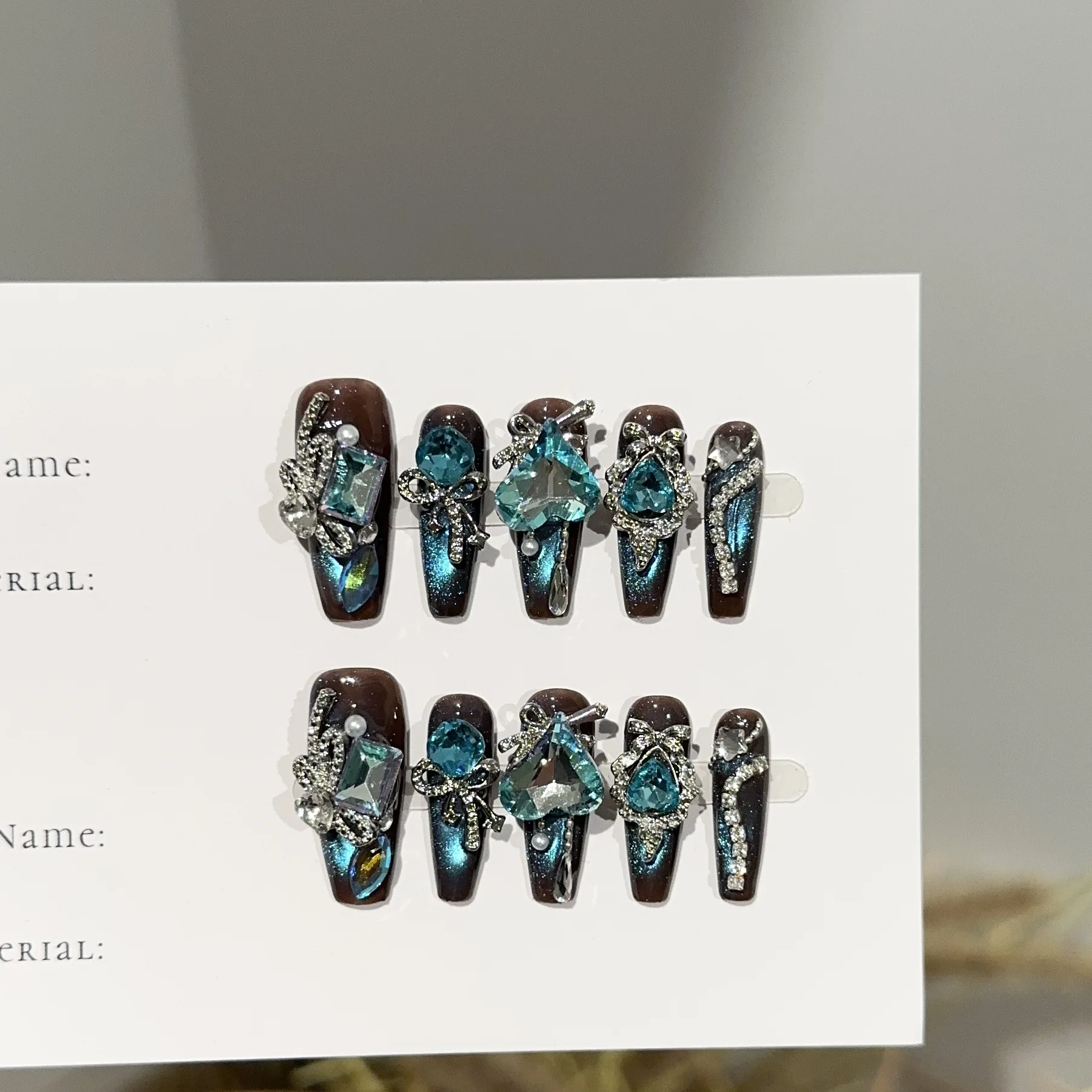 10 قطعة اليدوية الأزرق ثلاثية الأبعاد عين القط اضغط على الأظافر كامل الماس الأظافر وهمية الفاخرة بريق الأظافر كاذبة أنيقة الأوروبية ارتداء الدروع #3