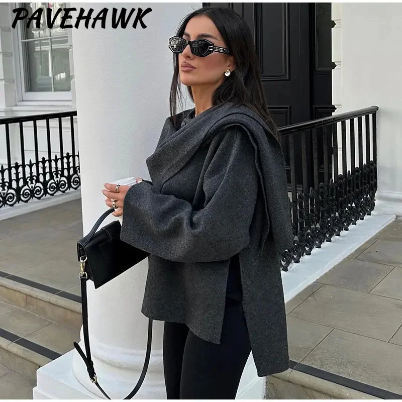 

New Asymmetric Knit Scarf Coat for Women Solid-Color Long-Sleeve Oversized Short Coat Autumn/Winter Gray Elegant Women's Coat A