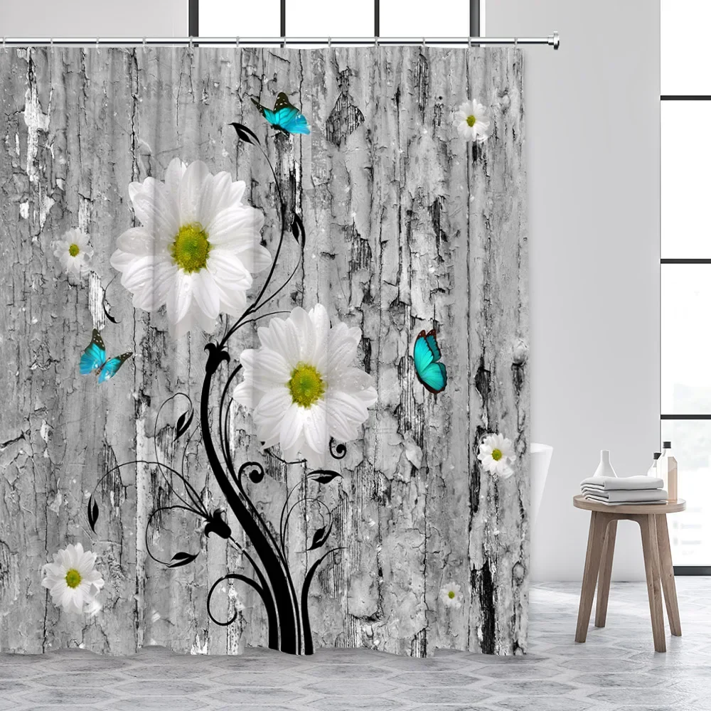 White Daisy Flowers Shower Curtains Butterfly Creative Floral Bubble Black Gray Ombre Backdrop Fabric Bathroom Decor with Hooks