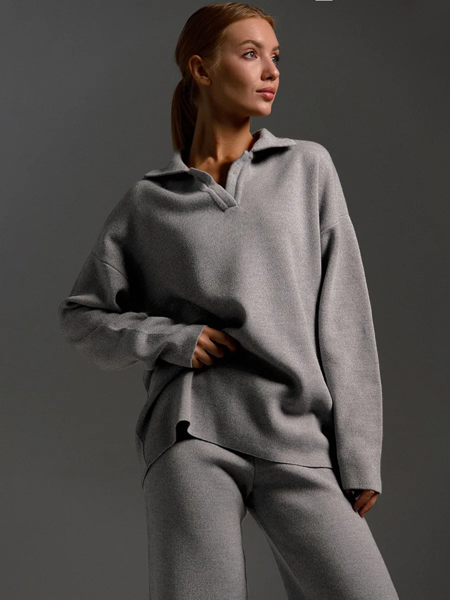 Bornladies Winter Dicke Damen Strickanzüge Weiche 2-Teilige Sets Damen Polokragen Pullover & Weite Hose Strickoutfit – Detail 4