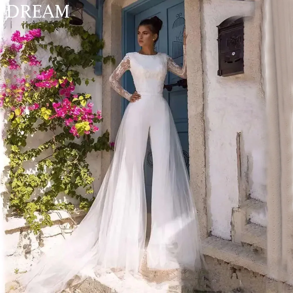 DREAM personalizado elegante blanco Vestidos De novia largos De encaje con cuello barco hasta el suelo vestido De novia Mujer Vestidos De Novias 2025