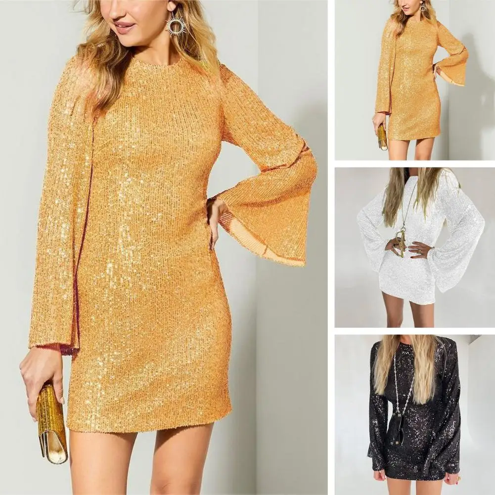 Elegant Solid Color Dress Sequin Round Neck Mini Dress for Women Shiny Slim Fit Sheath with Long Horn Sleeves Above for Women