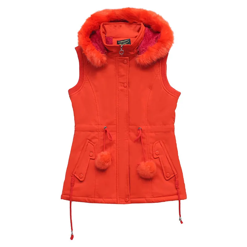 Nuevo Otoño Invierno mujer suelta Casual Cuello de piel con capucha Slim Fit adelgazante abrigo moda cintura Cinching versátil grueso chaleco cálido