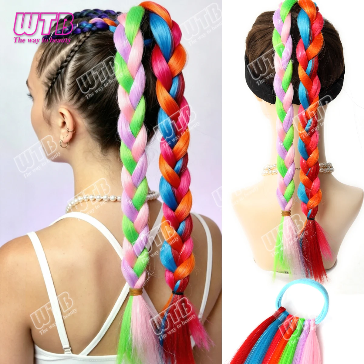 Rainbow Glitter Hair Elastic Tie Ponytail Extension, Colorful Straight Synthetic Hair Pieces for Festival Rave Halloween Cosplay