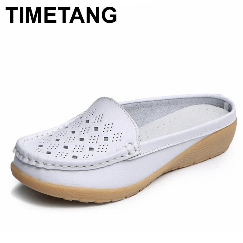 TIMETANG Cut-Outs Summer Woman Shoes Genuine Leather Women Flats Hollow Women\'s Loafers Soft Mother Moccasin Shoe Size 35-41E700