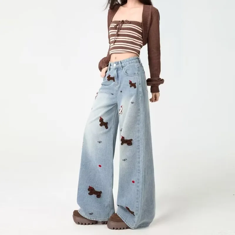 

Women Puppy Jeans Denim Wide Leg Pants Full Lenth High Waist Zipper Slight Strech Loose Fit Y2k Streetwear Casual 2026 Autumn