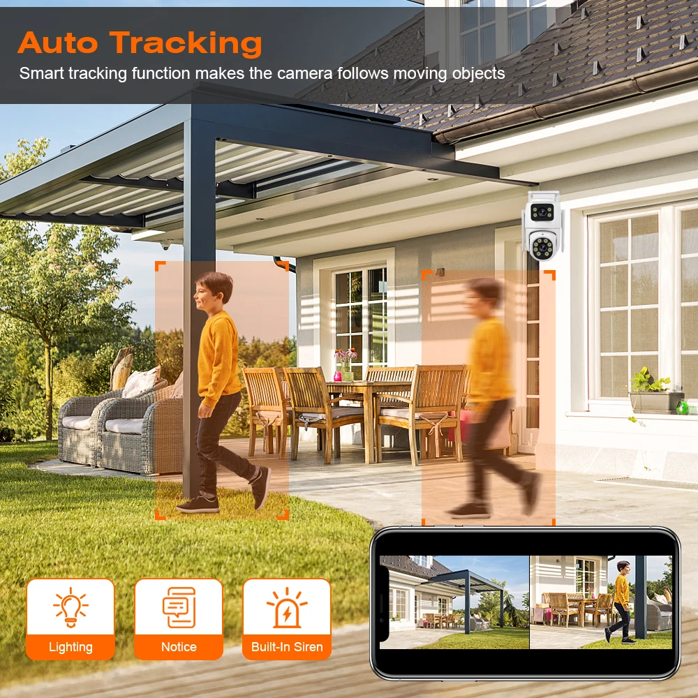 Telecamera IP di sicurezza wireless esterna 4K 8MP HD Dual Lens Telecamera PTZ esterna Wifi Telecamera di sorveglianza stradale con tracciamento automatico iCsee