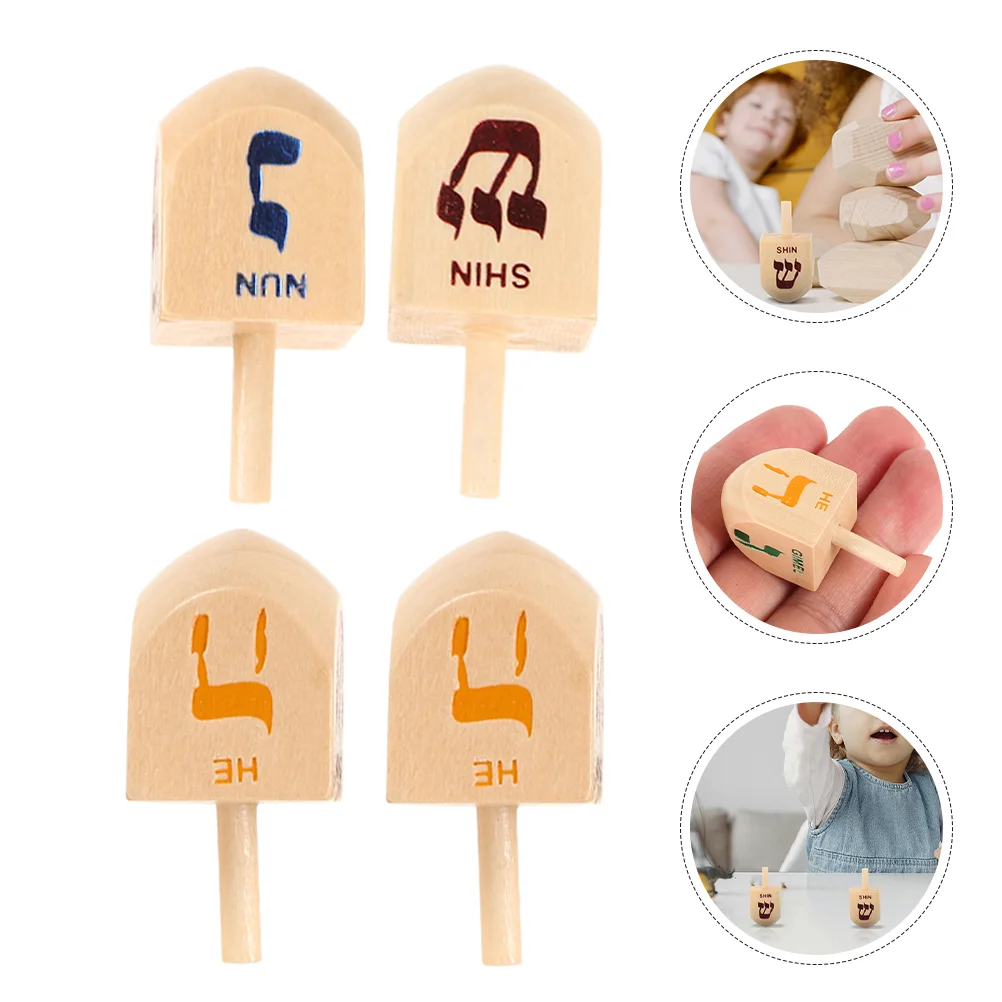 

4 PCS Wooden Spinning Top Toy Hanukkah Decorations Dreidel Game Toys Dreidels for Letter Hanging Swirl DIY Chips