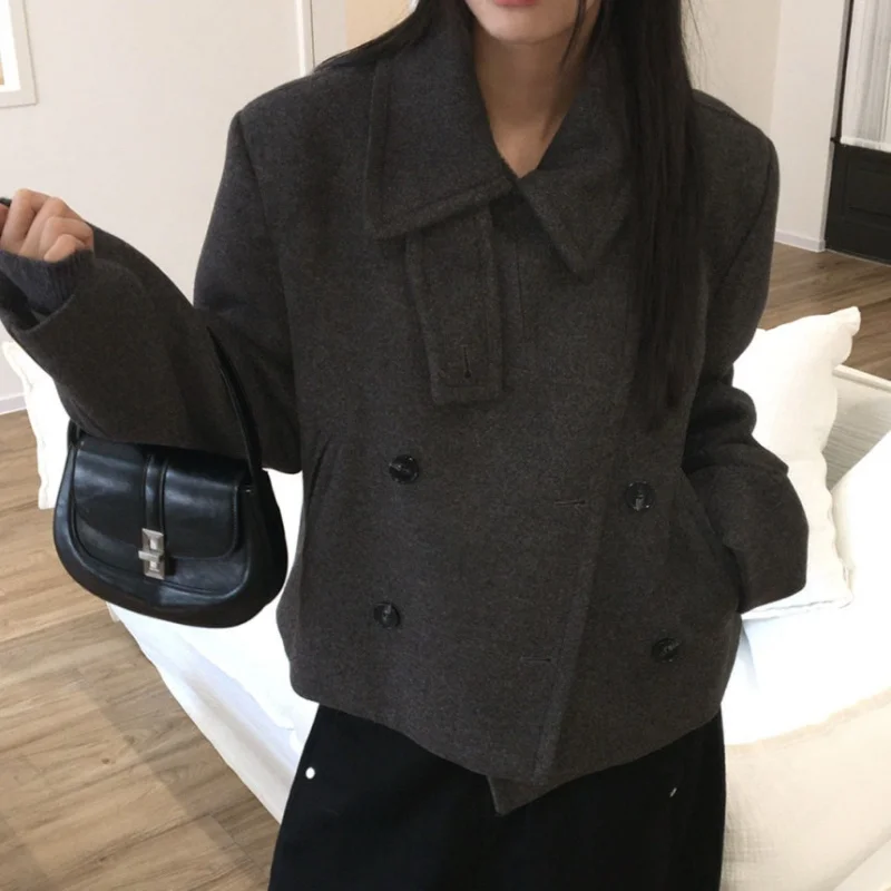 

Женский шикарный шерстяной топ Jaet ort Sle с отложным воротником, двубортный топ из смеси хлопка в стиле ретро, Thiened Long Sve Top