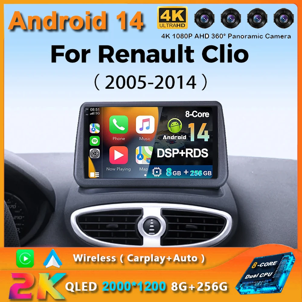 Android 14 Carplay Car Radio For Renault Clio 3 CLIO 3 2005 2006 2007 - 2014 Navigation GPS Multimedia Player WiFi+4G Stereo BT