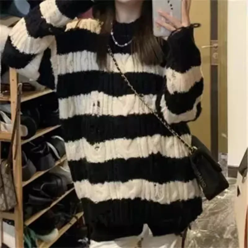 

Korean Sle Soft Cozy Striped Hole Knitted Sweater Women Spring Autumn New Lazy Vintage Loose Medium Length Knitwear Trendy