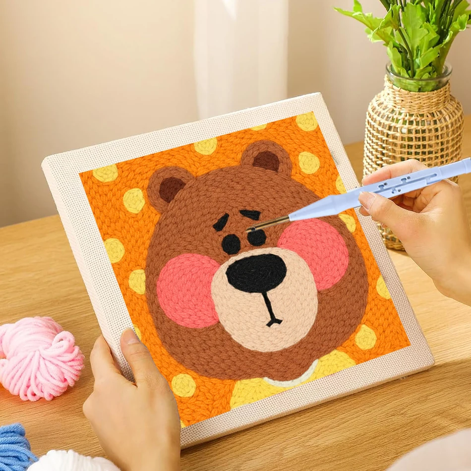 

GATYZTORY Punch Needle Starter Kit 25x25cm Cute Cartoon Bear Embroidery Set DIY Craft for Adults, Includes Fabric, Yarn, Hoop