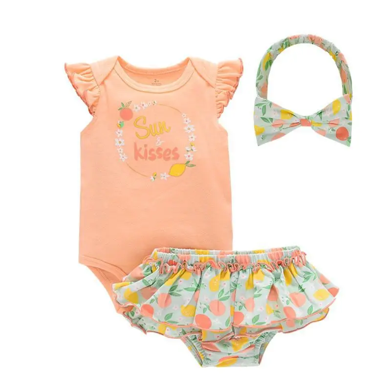 3PCS Summer Baby Bodysuit Heart shaped Flower Pattern Bodysuit Paired Bow Tie Wooden Ear Edge Shorts and Same Style Hair Hoops