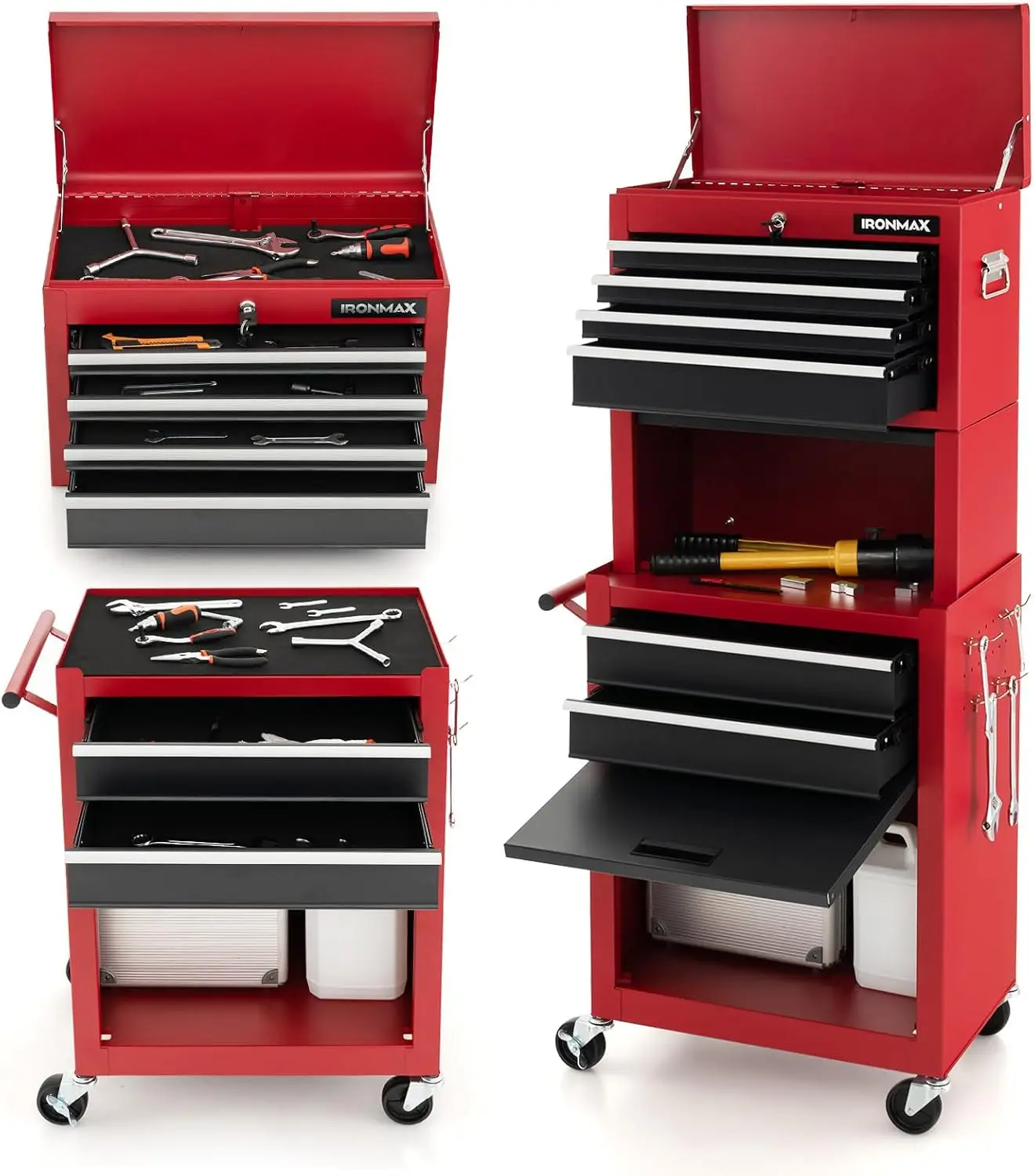 

Rolling Tool Chest - Removable Top Box Large Bottom Cabinet with Casters and Lock System Tool-Box Heighten 6-Drawer Red