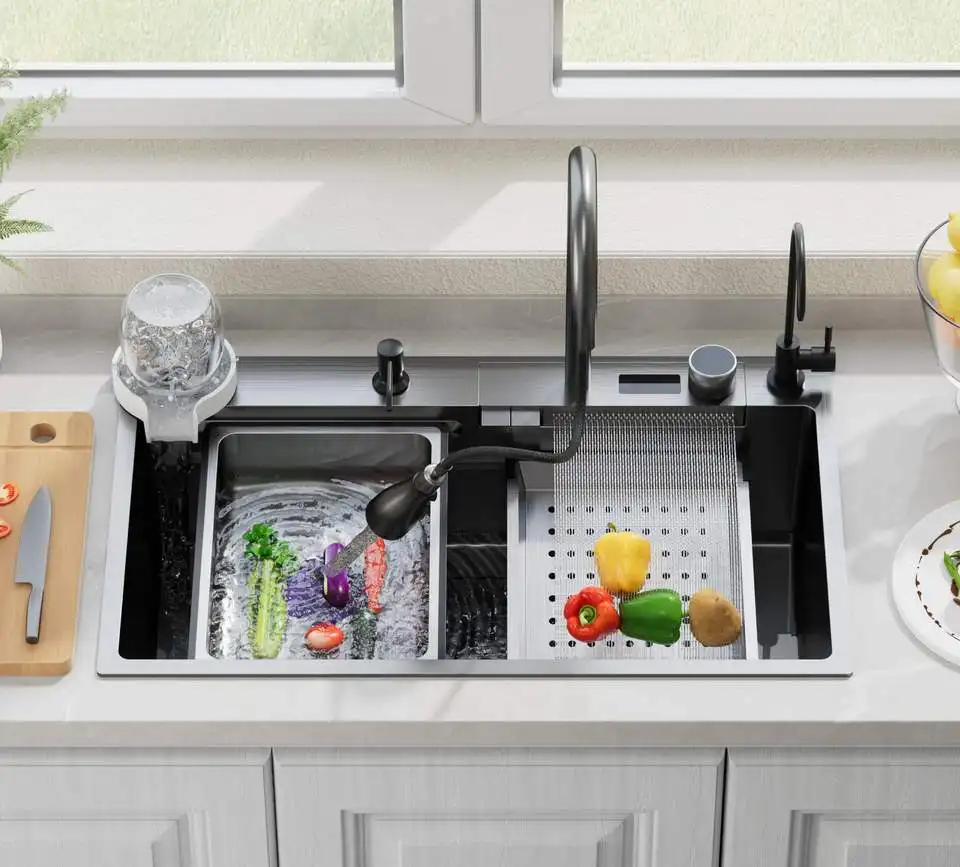 

Nano Kitchen Sink and Waterfall Faucet Single Bowl Stainless Steel Workstation Kitchen Sink with Digital Display