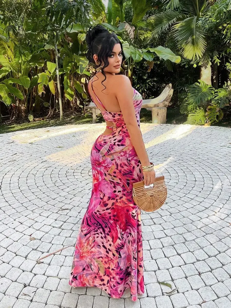 Vestido largo sexy con estampado floral de leopardo y aberturas para vacaciones, fiesta en la playa, verano
