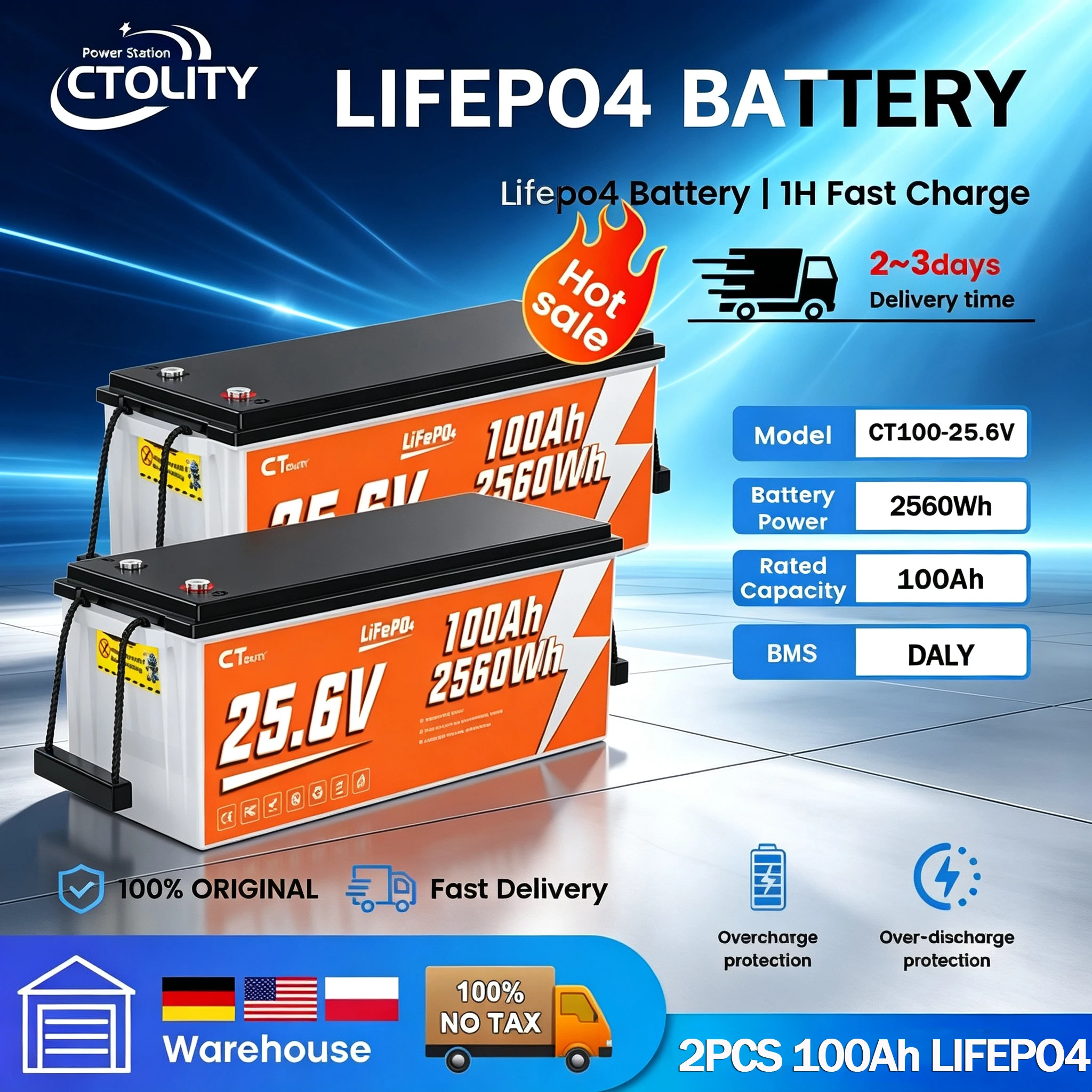 CTOLITY 24V 100Ah 2560Wh LiFePO4-Batterie mit 100A BMS, ideal für Wohnmobile, Golfwagen, Solarstromsysteme, Trolling-Motoren, wiederaufladbare Batterien, über 4000 Zyklen für Solar-Generatoren,