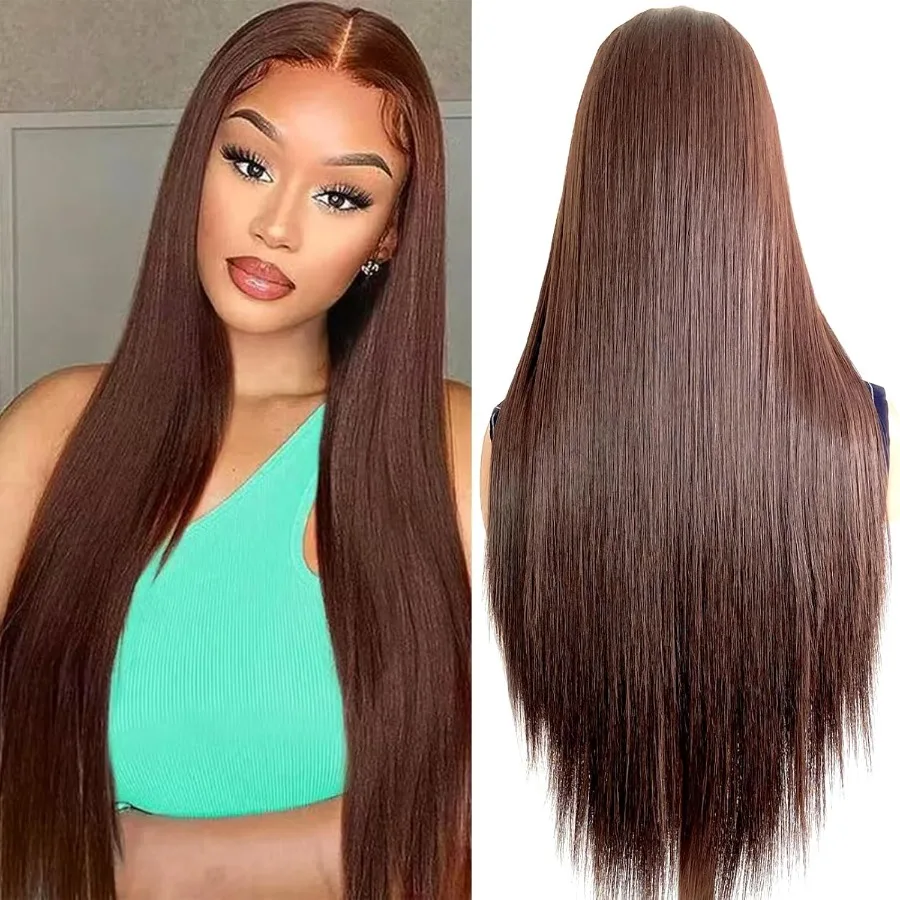 Peruca dianteira de renda sintética marrom chocolate sem cola 13x4 hd perucas dianteiras de renda pré arrancadas perucas sintéticas longas e retas para preto wo