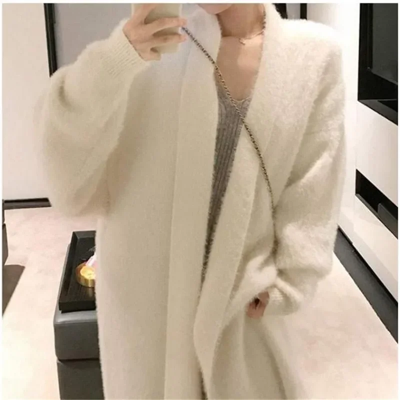 

New Autumn Winter Warm Soft Mohair Mink Knitted Cardigan Women Fashion Long Sweater Long Sleeve Loose Casual Fairy Knitwear Coat