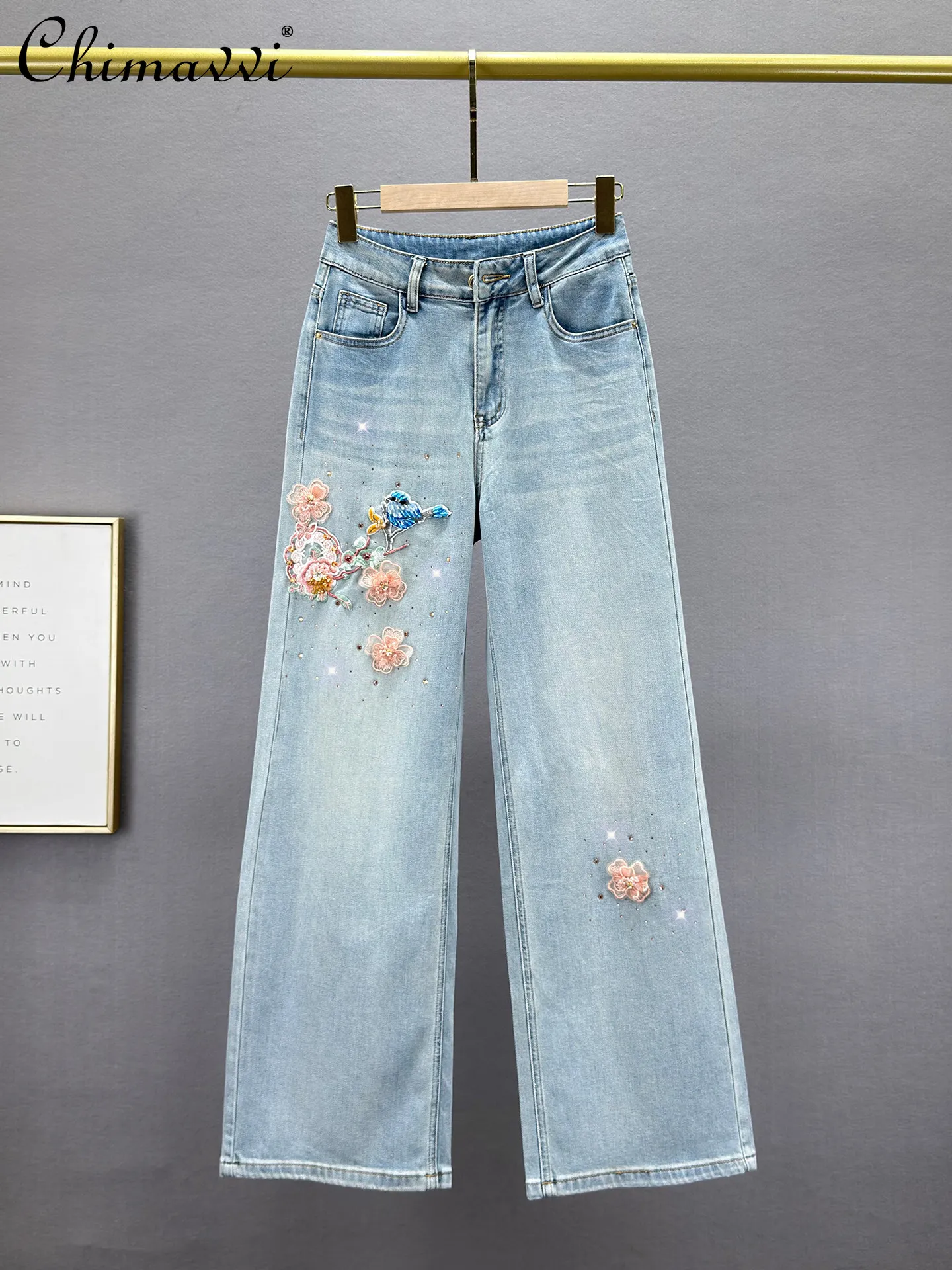 

Heavy Embroidery Rhinestone Jeans for Women 2026 Spring New Fashion High-Waisted Loose Slim Vintage Distressed Straight Pants