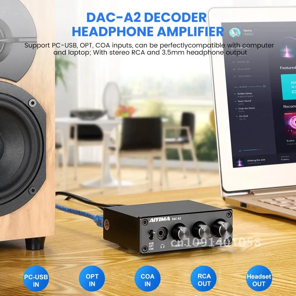 AIYIMA DAC A2 Audio Decoder Fiber Coaxial USB Decoder Bass Treble Adjustment DAC With Headphone Amplifier For Home Sound Theater