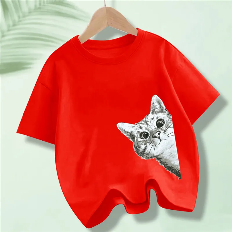 Meow Cat Funny Printing Kids T-Shirts Cotton Tee Clothes Boy Girl Summer Streetwear Tops Loose Short Sleeve T-shirt