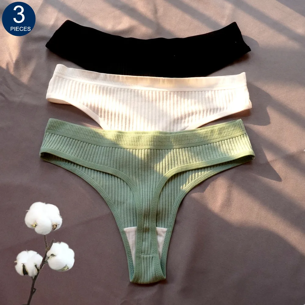 Tanga de algodón acanalado sin costuras para mujer, Bikini de cintura baja, ropa interior deportiva de talla grande, 3 piezas