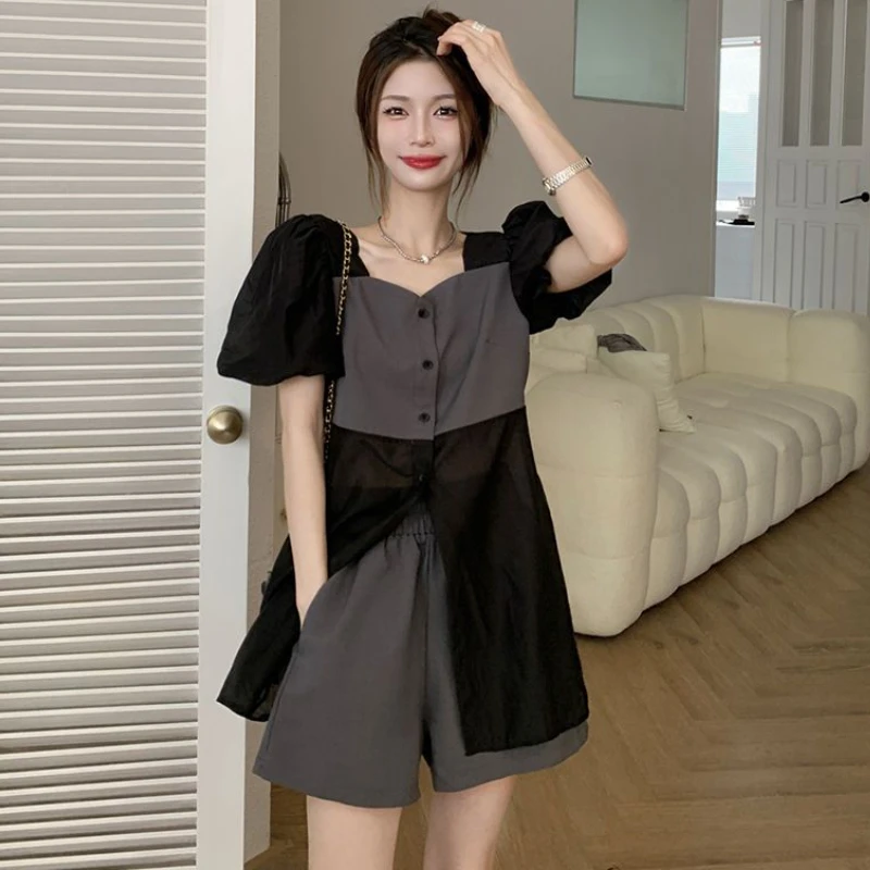 

Женские комплекты, повседневные женские шорты, летние свободные шорты с квадратным воротником и складками, модные универсальные простые повседневные шорты в корейском стиле, новинка в стиле ретро