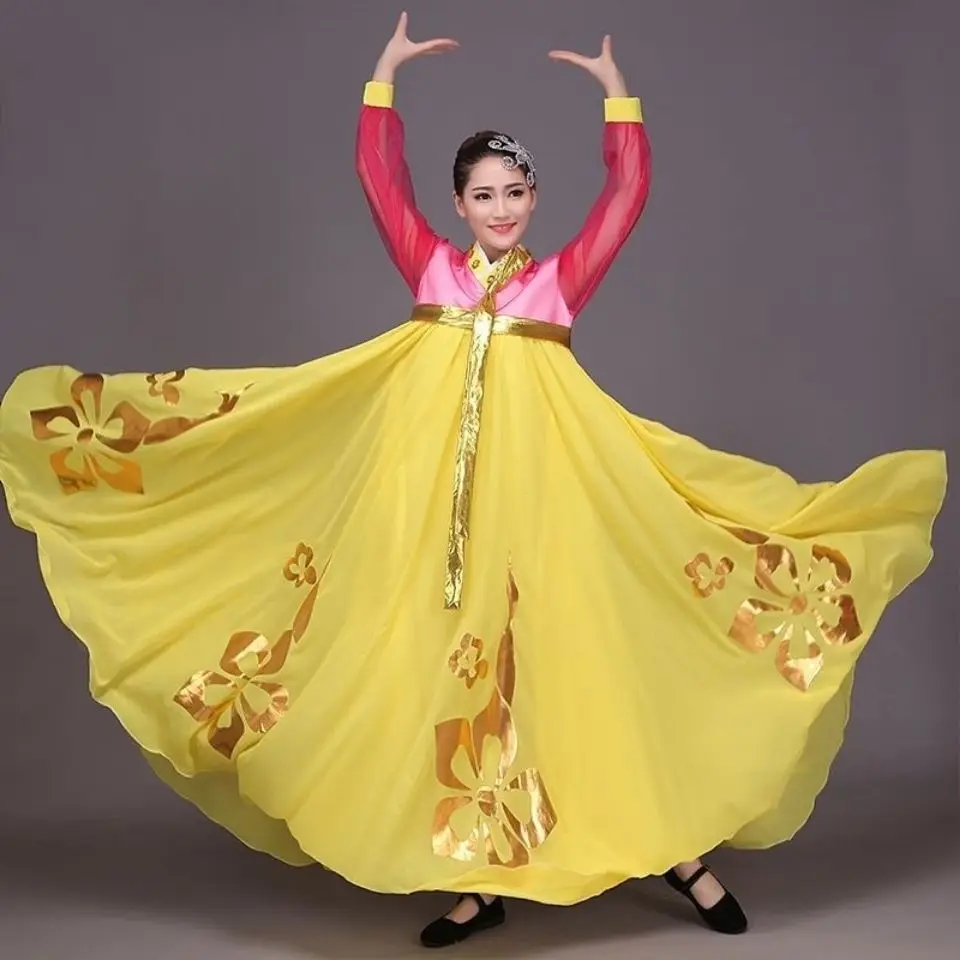 2024 new korean women elegant dress big hemline performance dress gold stamping embroidery chiffon sleeve folk dance hanbok w803