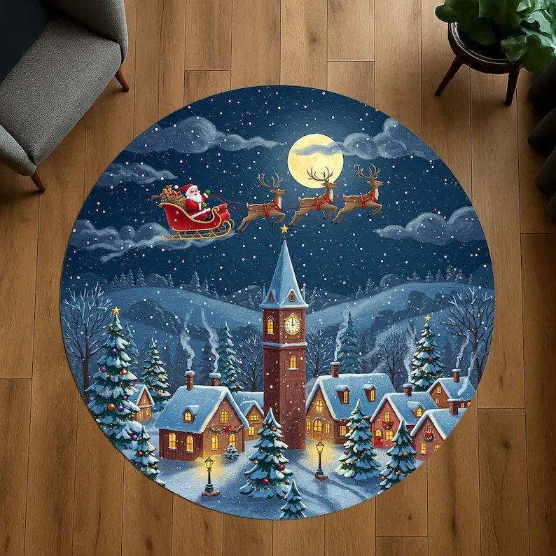 Merry Christmas Round Doormat, Santa Sleigh & Reindeer Moonlit Sky Rug,Cozy Winter Village Carpet for Festive Holiday Home Decor