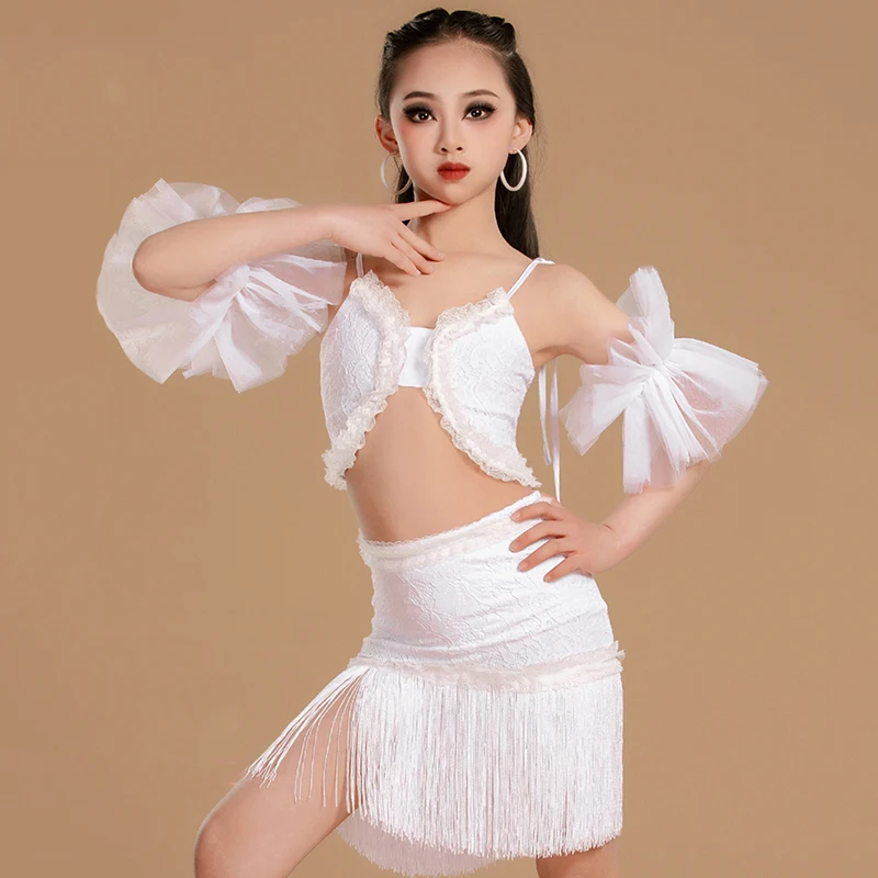 

Children Latin Dance Training Dress Kids Girls Lace Lace Suspender Top and Tassels Skirts Chacha Samba Dancewear Costumes